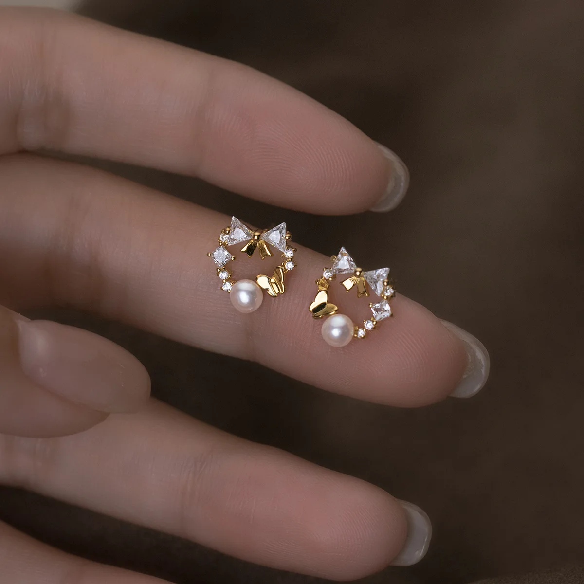Toyoosky 100% S925 Sterling Silver Girl Heart Diamond Bow Tie Pearl Flower Ring Ear Studs Sweet Ear Jewelry Party Girl Gift