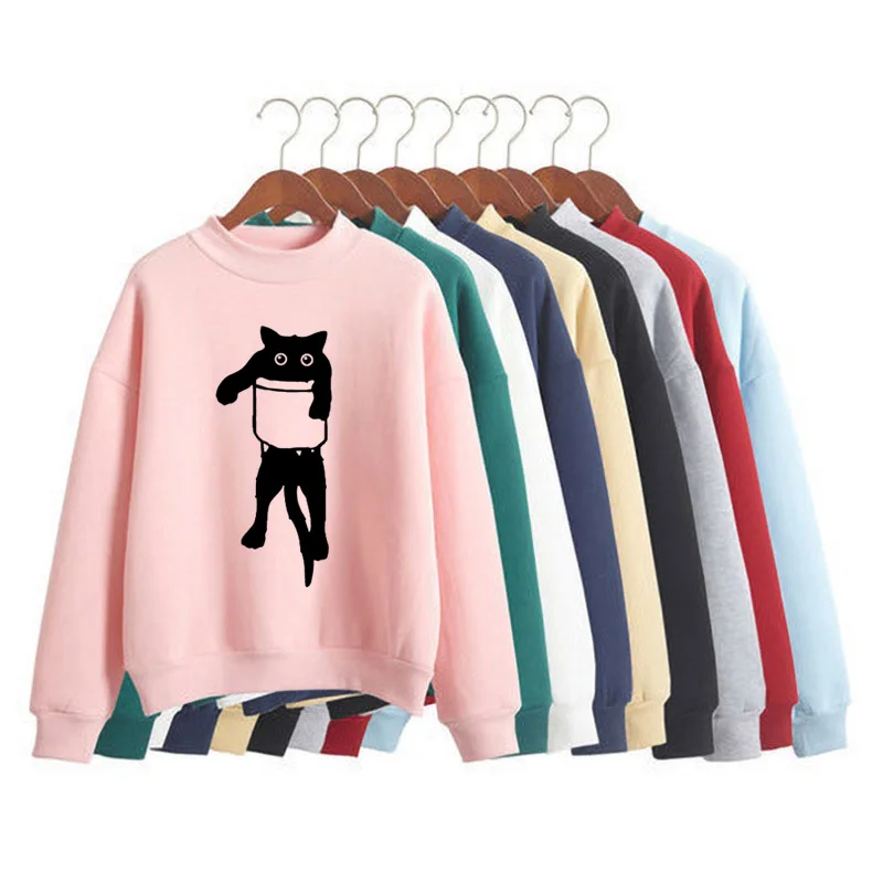 

Pocket Cat graphic Print Woman Sweatshirts Sweet Korean O-neck Knitted Pullovers Autumn Winter Candy Color Loose Women Clothing