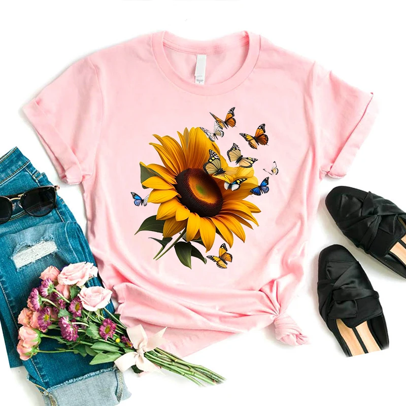 Neue Ankunft Schmetterling Blumen Gedruckt T Shirt Mädchen Sommer Mode Kurzarm T-Shirt Weibliche Weiß Casual T-shirt Femme – Detail 3