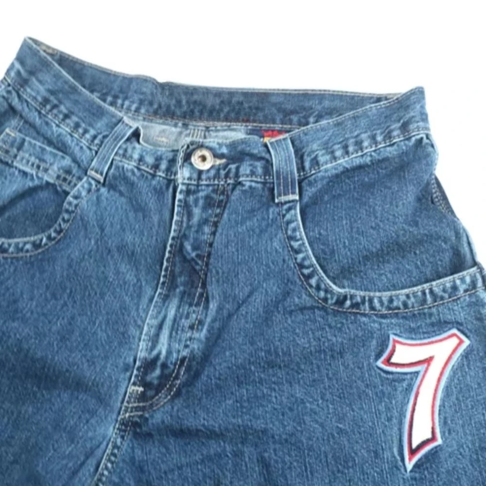 Streetwear Dice Embroidered Jeans Y2K Clothes Mens Harajuku Hip Hop Retro Embroidered Baggy Blue Jeans Low Rise Wide Leg Pants 3