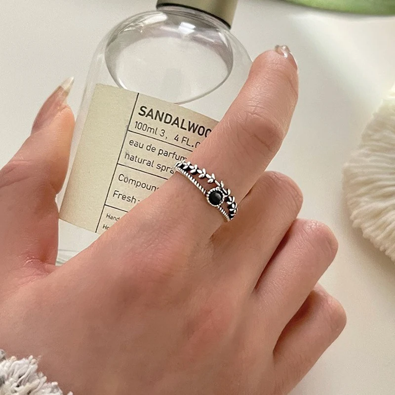 925 Silver Open Finger Ring Black Stone Double Layers Geometric Stackable Leaf For Women Girl Jewelry Gift silver ring silver rings natural stone ring