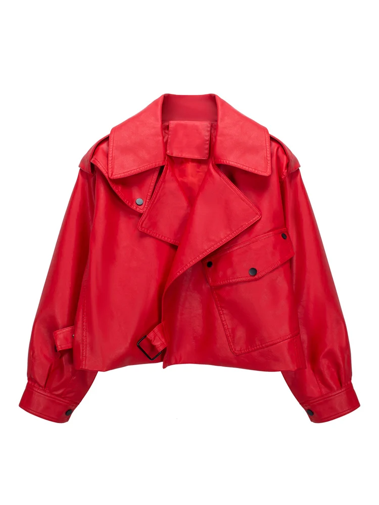 Ailegogo 하이 스트리트 여성 라펠 느슨한 Pu 인조 가죽 짧은 재킷, 봄 가을 여성 빅 포켓 벨트 코트 모토 바이커 아웃웨어