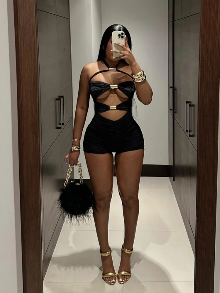 Sibybo Individuality Hollow Out Bow Metal Splice Playsuit Sexy Halter Backless Rompers 2024 Summer Fashion Spicy Girl Clothes