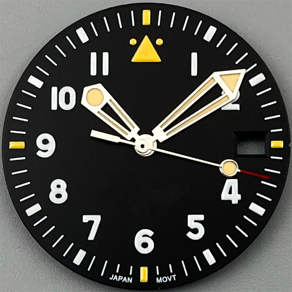 Enhanced Black Pilot Style Watch Dial and Luminous Hand Set - C3 Green Glow