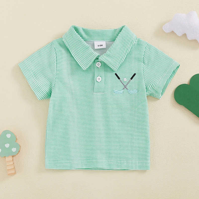 Toddler Baby Boys Summer T-Shirts Striped Golf Pattern Button Turn-Down Collar Short Sleeve Casual T-Shirts Tops Boys Clothes