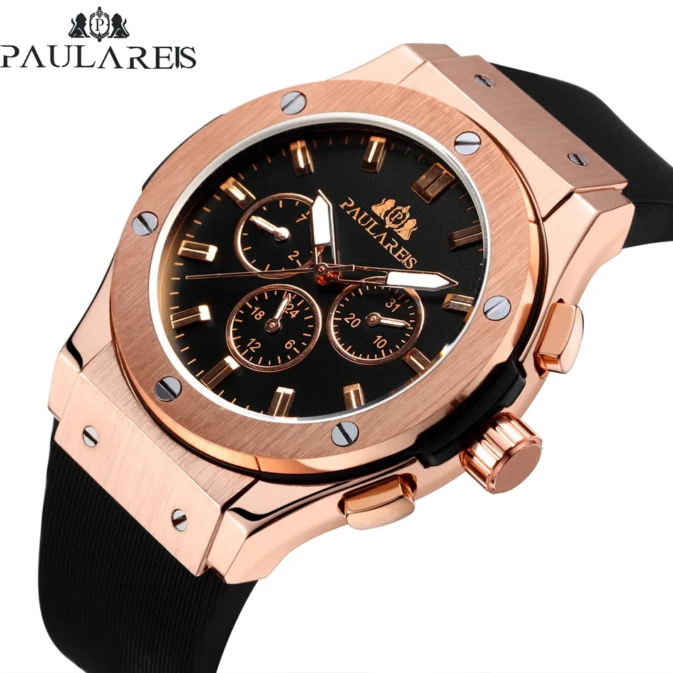 

PAULAREIS Luxury Watch For Men Fully Automatic Mechanical Multifunctional Luminous Men'S Watch Rose Gold Rubber Strap