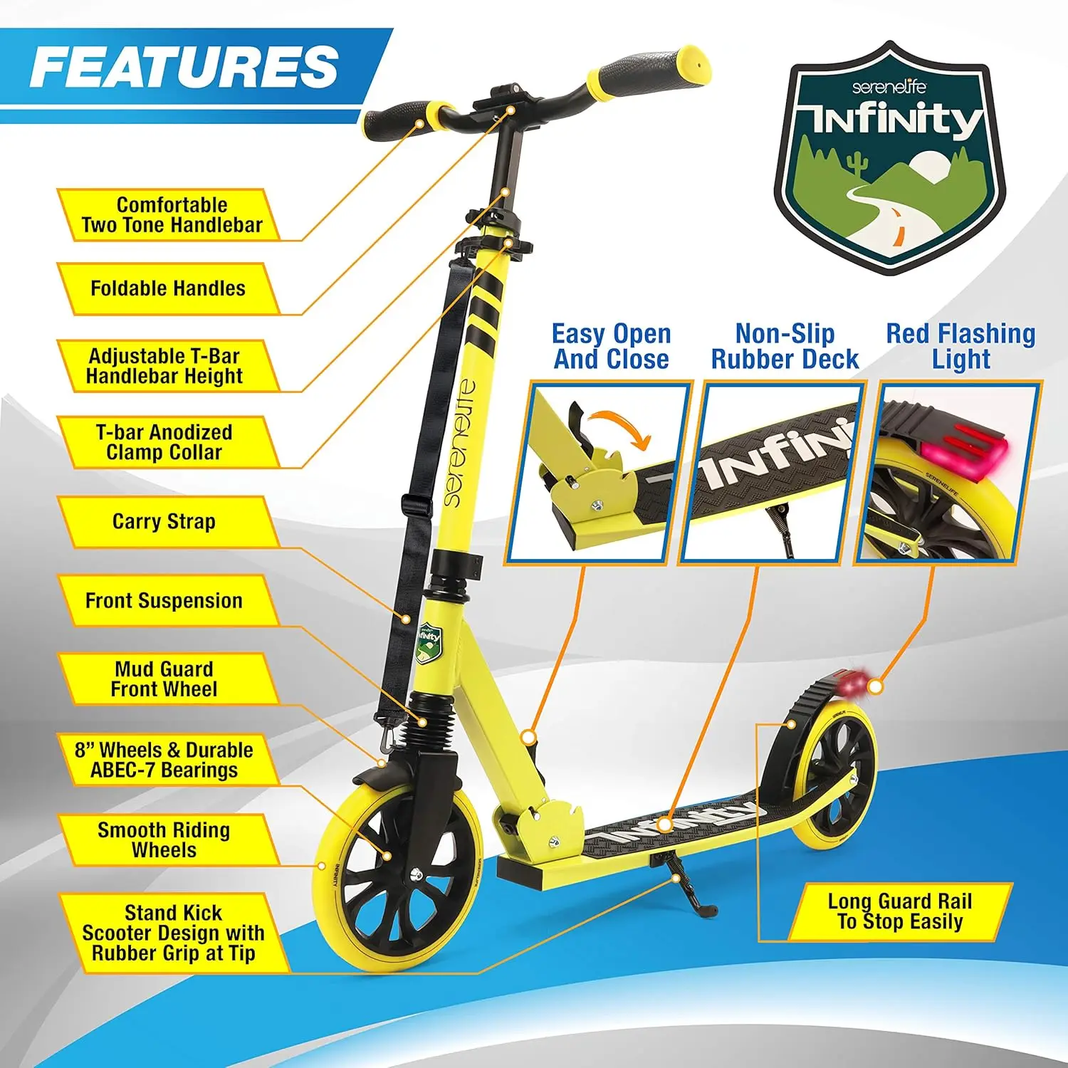 Kick Scooter Adult Teenagers Kids- 2 Wheel Kids Scooter with Adjustable T-Bar Handlebar-Alloy Anti-Slip Deck