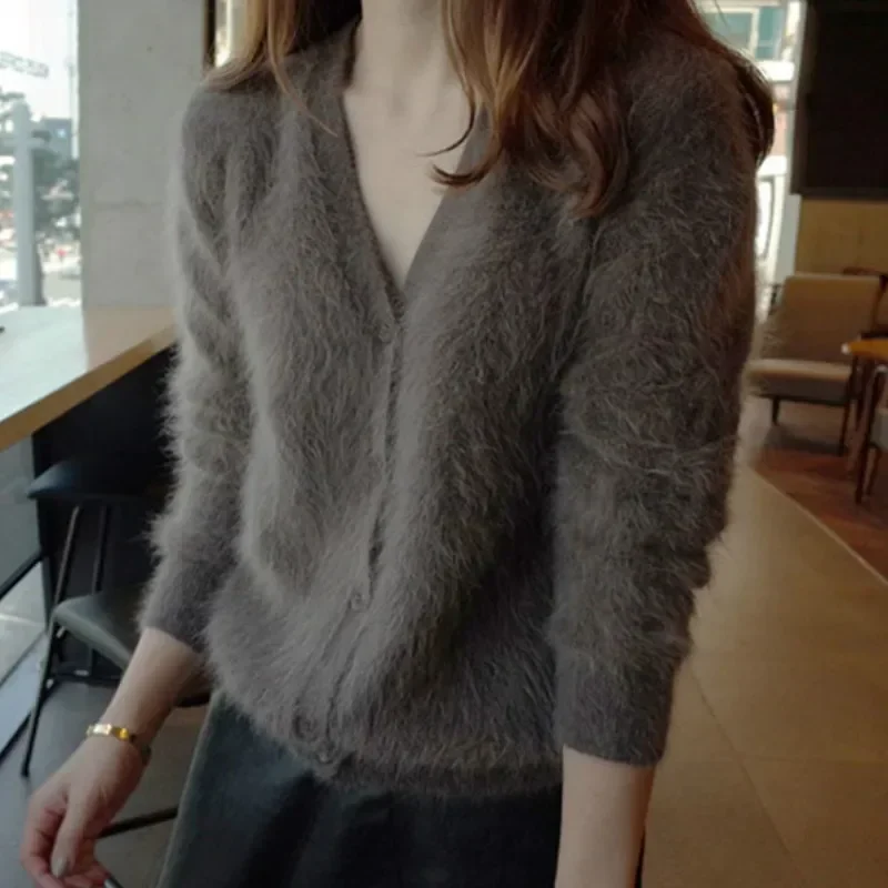 

2024 Women Mink Cashmere Cardigans New Button Sweaters Korean Crop Knitted Coat Woman Tricot Short White Black Sweaters Female