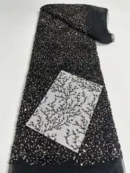 Black Beaded Sequins 2022 African Net Lace Fabric White 5Yards Embroidery Sequins Tulle Lace Fabric for Wedding Dress Party