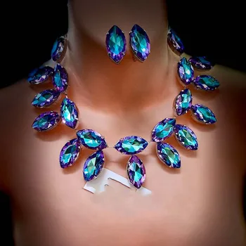 Blue Purple Bridesmaids Set Jewelry Accessories Rhinestone 3 Pieces Dubai Decorations Fashion Earring Necklace Set Gift