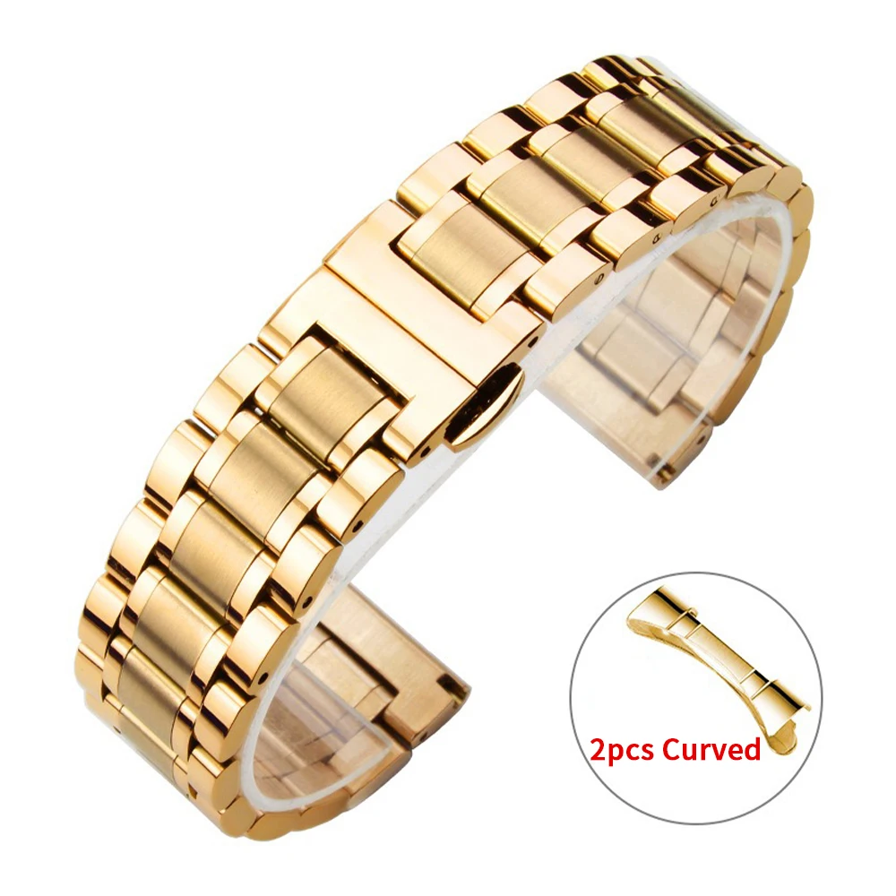 Curved End Stainless Steel Watch Band with Butterfly Buckle - Universal Wristband in Multiple Sizes