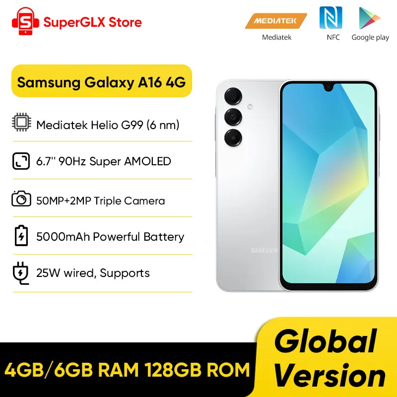 Global Version Samsung Galaxy A16 4G Smartphone Mediatek Helio G99 6.7" Super AMOLED Display 50MP Triple Camera 5000mAh Battery 1