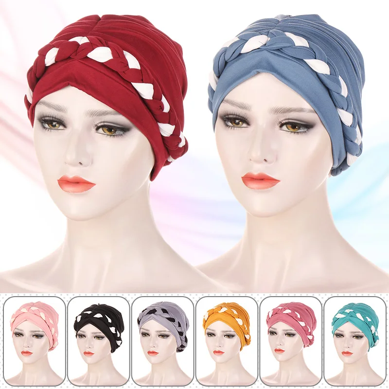 Women's Velvet Braid Headband Hat Color Blocking Muslim Headband Fashion Home Beauty Salon Hood Chemotherapy Hair Loss Hat 2
