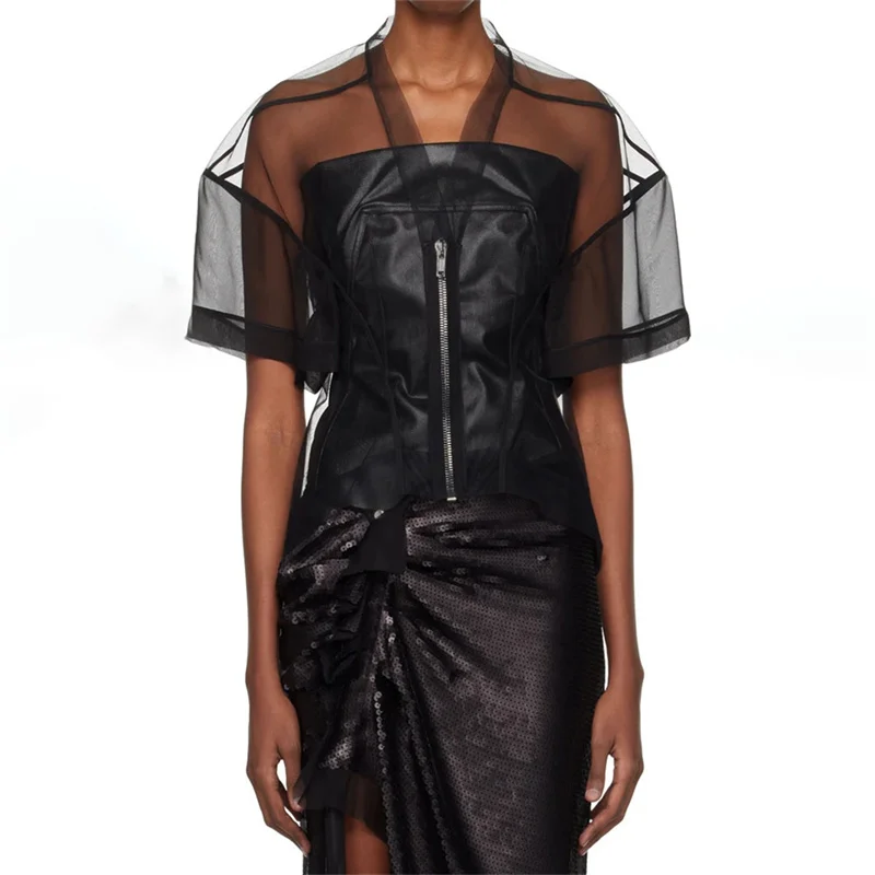 

Women jacket 2024 Summer New Semi transparent mesh short sleeved top Leisure Versatile Sunscreen Clothes organza thin coat y2k