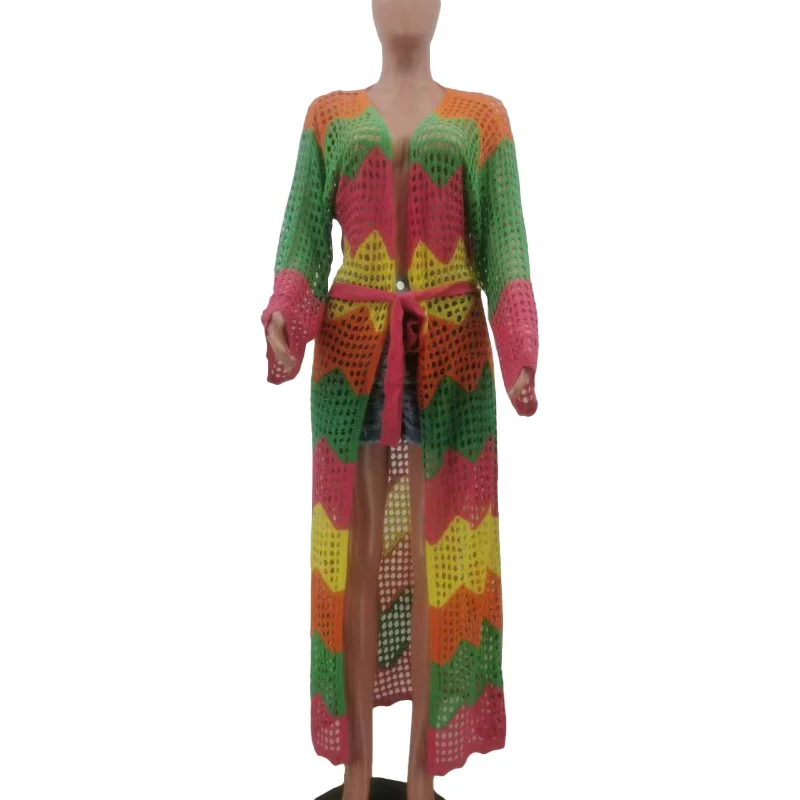 Colorful Knitted Hollow Beach Cover Ups for Women Casual Swimsuit Long Kimono Cardigan with Belt Loose Beachwear Outfits