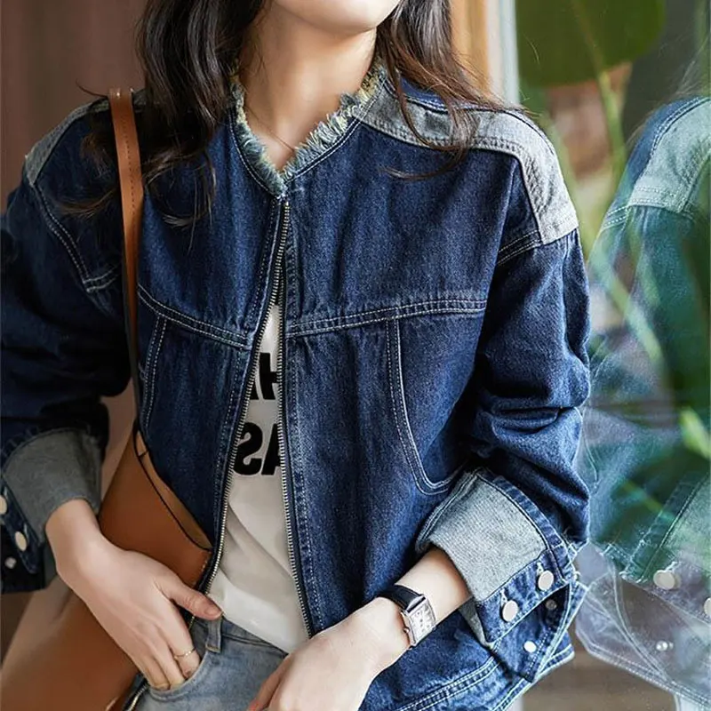 Female Clothing Solid Color Denim Coat Korean Spring Autumn Casual Stand Collar Zipper Fashion Pockets Tassel Spliced Jackets