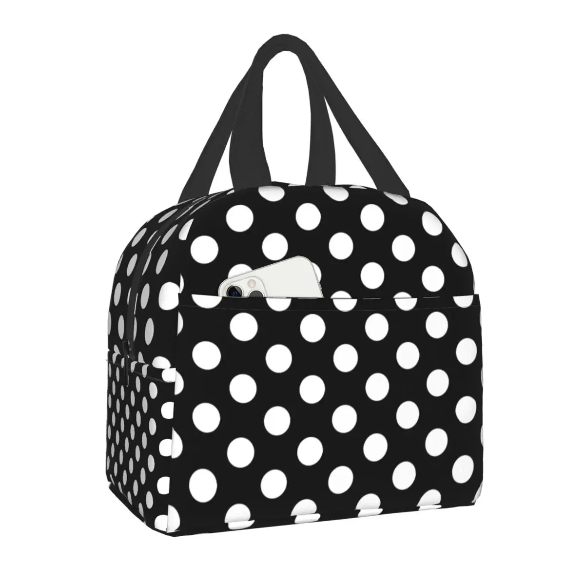 

Black And White Polka Dots Lunch Bag for Women Portable Insulated Thermal Cooler Food Lunch Box Work School Travel Picnic Bags
