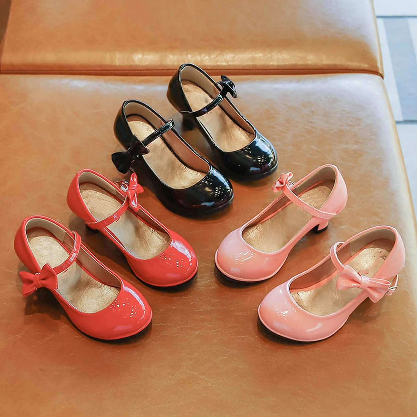 Girls Pu Leather High Heel Shoes Bowknot Girls Dress Shoes Girls Sandals Slide 4