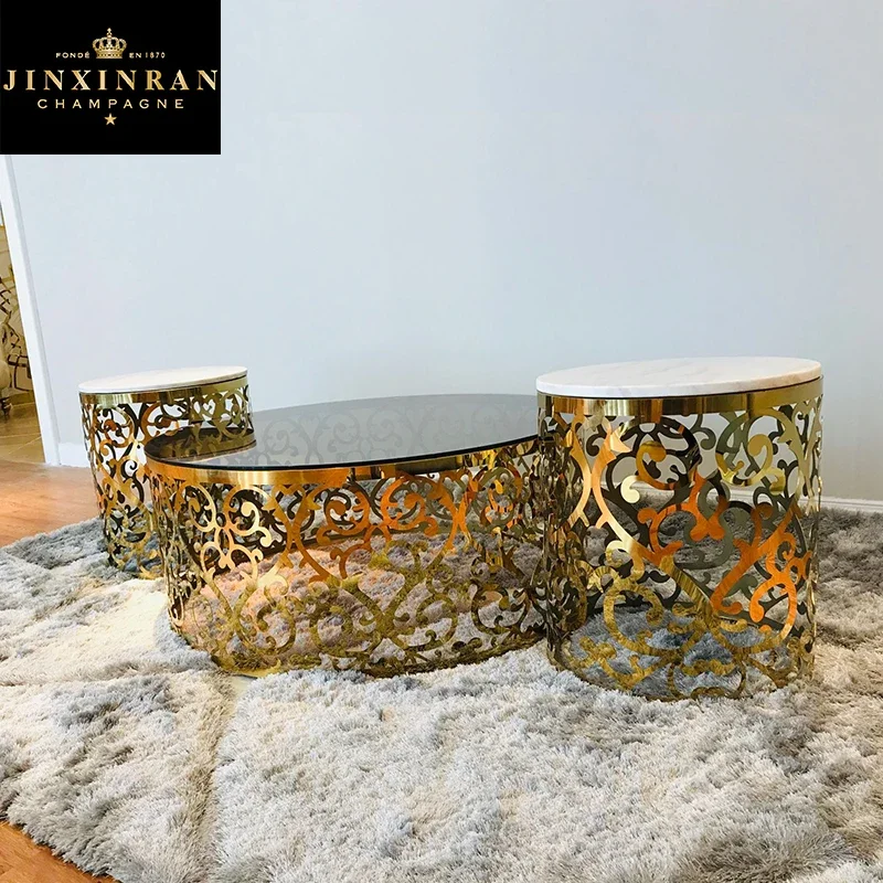 commercial living room golden stainless steel coffee table set metal base marble top tea