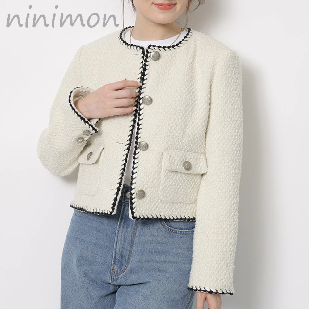 

NINIMON Woman Jacket Sweet Single Breastsed Japan New Small Fragrance Tweed Coat Short outerwear Tops Autumn Winter