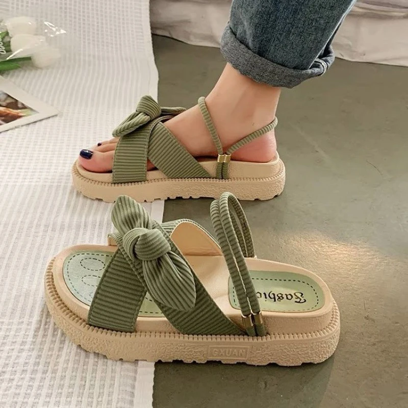 Sandalias planas de plataforma gruesa con nudo de mariposa para mujer, Chanclas de verano de estilo de nuevo | -