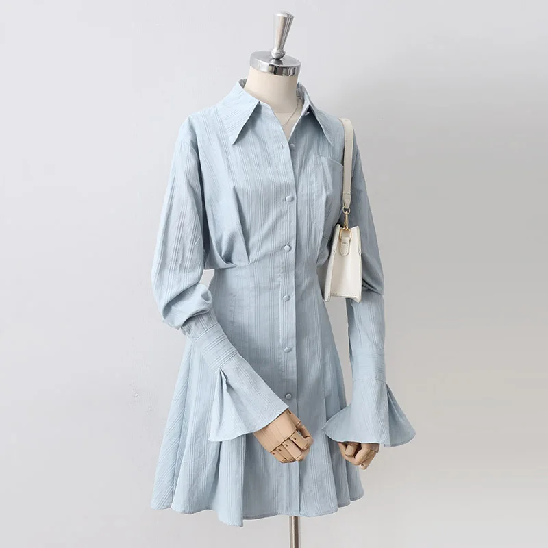 

Blue Women Shirt Dress Summer New Design 2022 Flare Sleeved Turn-Down Collar Slim Pleated Solid Elegant Female Clothing