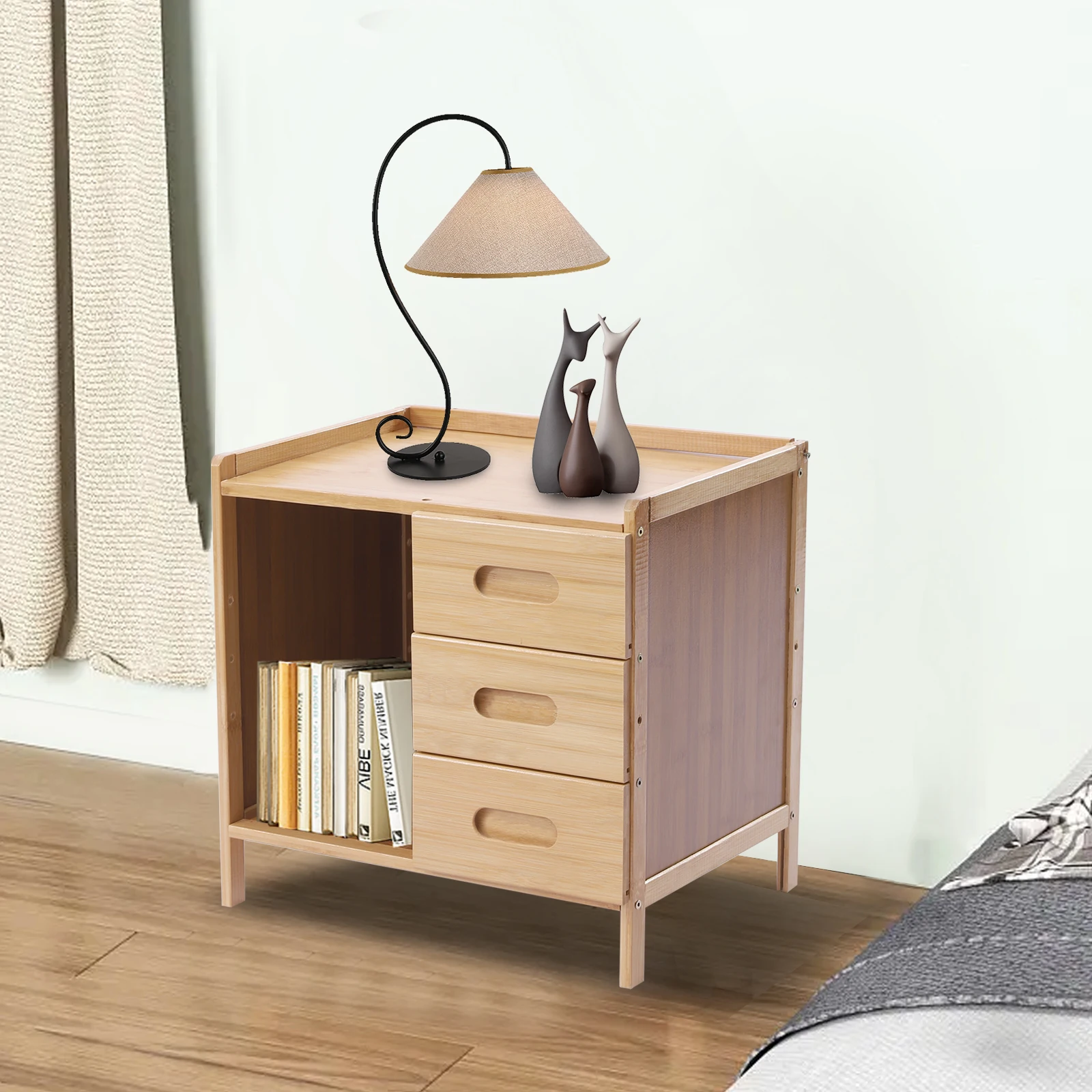3 Drawer Modern Bamboo Nightstand Side Table Bedroom Storage Drawer and Shelf Bedside End Table