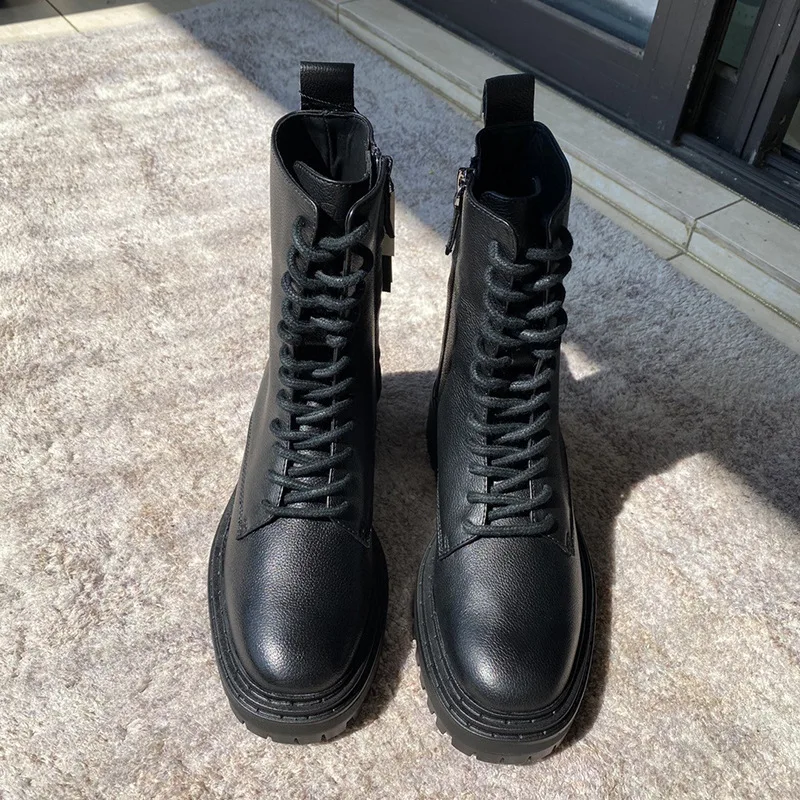 

Women's Shoes Autumn and Winter First Layer Cowhide Lace-Up Boots Side Zipper Short Boots Mid-Cut Fashion Boots