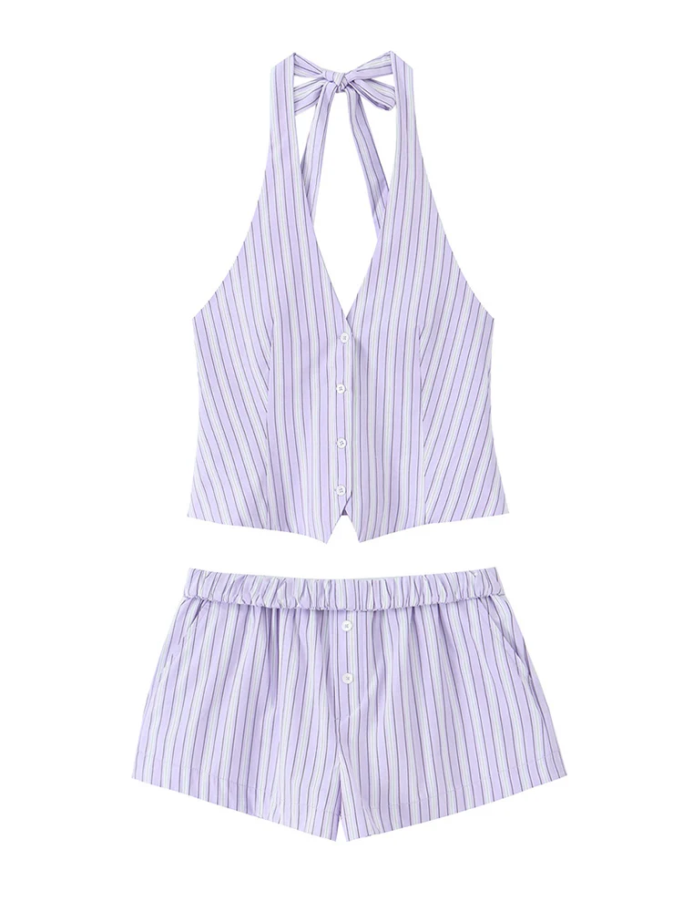 TFMLN Summer Women's Striped Shorts Sets Halter Sexy Backless  Camis Top Mini Shorts Fashion 2 Piece Festival Party Outfits