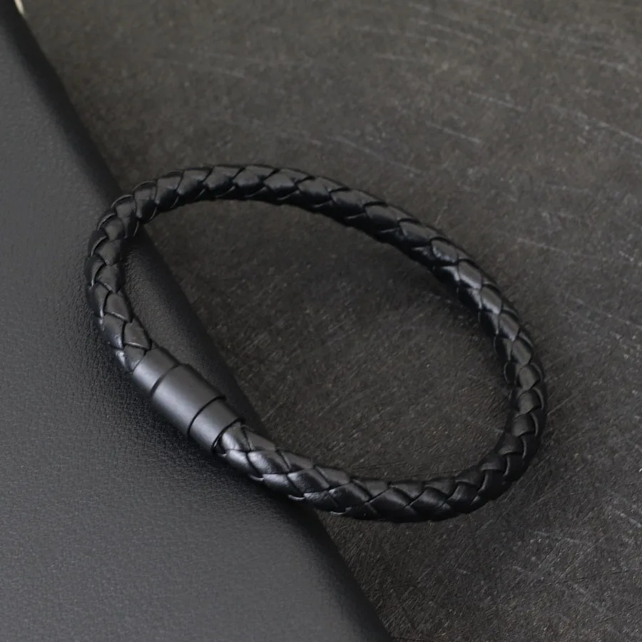 Mens Leather Bangle Bracelet Black Magnet Buckle