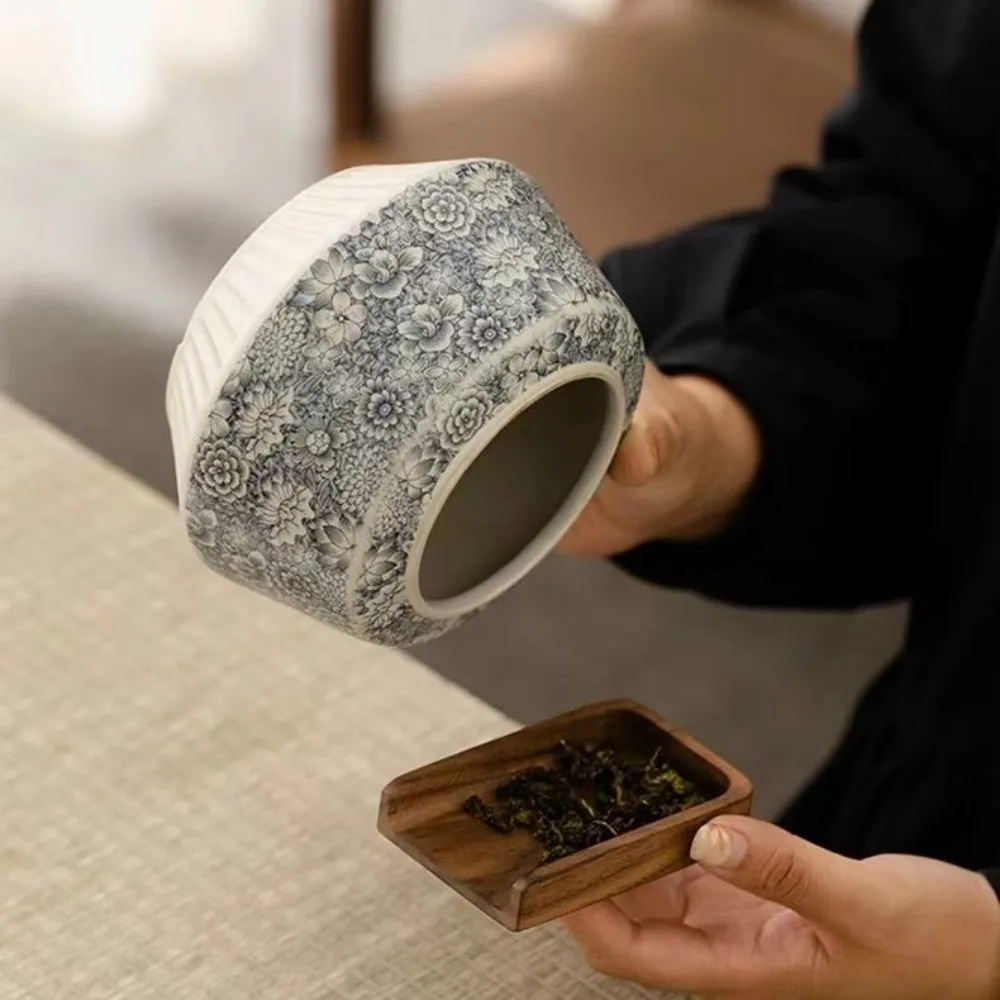 Nordic Retro Flowering Ceramic Tea Caddy Moisture Sealed Storage Box Household Countertop Decoration Jar Crafts Home Decoration 3