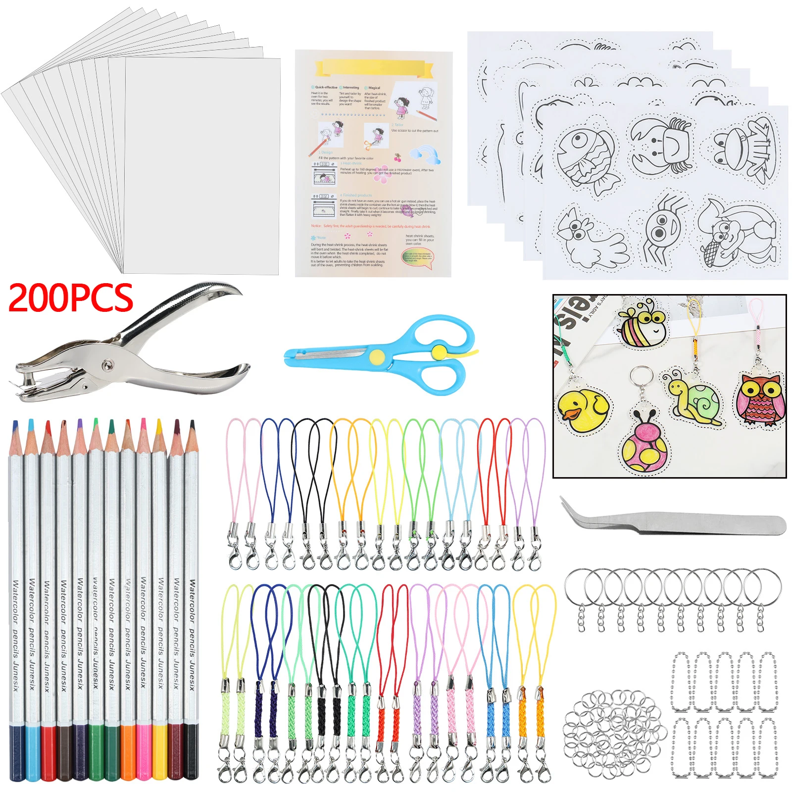 Craft Supplies Heat Shrink Plastic Sheet Shrinkles Film Paper Key Rings Kit DIY Handmade Art Shrinking Keychain 200Pcs for Gift
