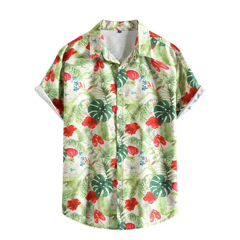 

Hawaiian Floral Leaf Shirt Men Summer Oversized Short Sleeve Tops Fashion 3d Print Flamingo Tiger T Shirts Street Lapel Blouse