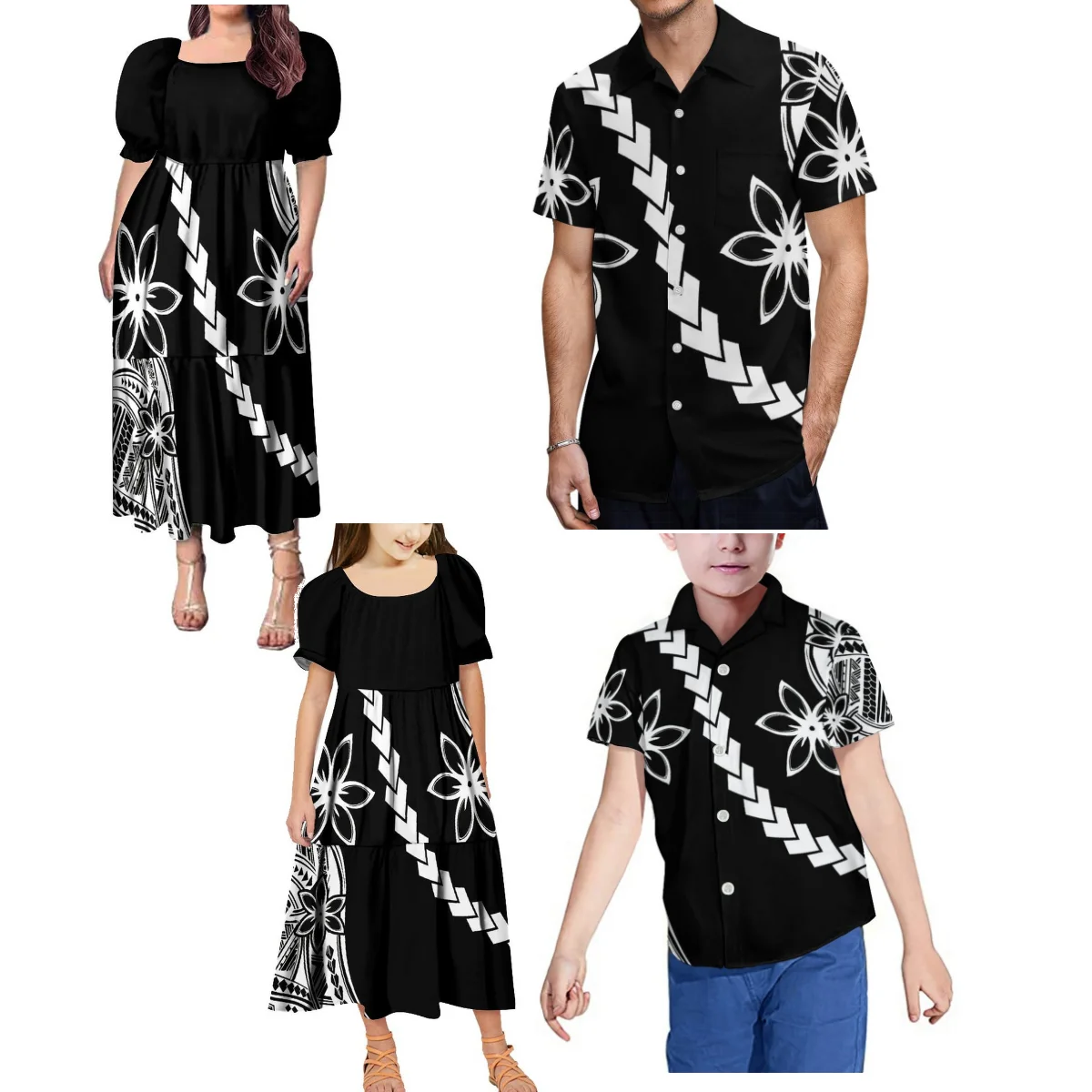 

Women'S Puffed Sleeve Square Neck Dress Girls' Dress Samoan Family Suit Matching Polynesian Design Men'S Casual Shirt Boys' Top