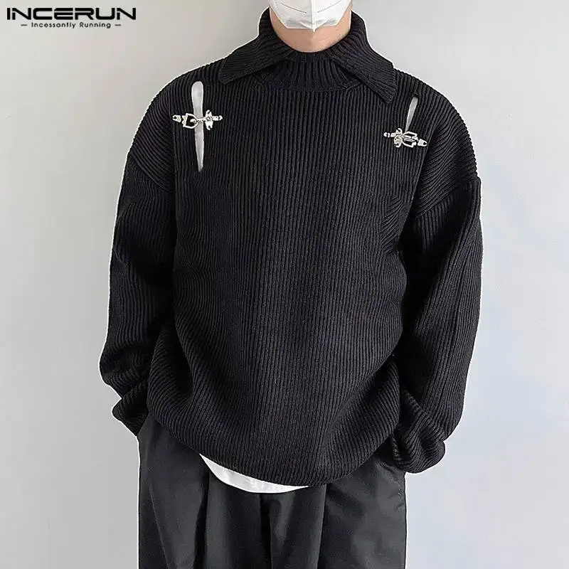 

2023 Men Sweater Solid Color Lapel Hollow Out Long Sleeve Male Pullovers Streetwear Knitted Fashion Casual Men Clothing INCERUN