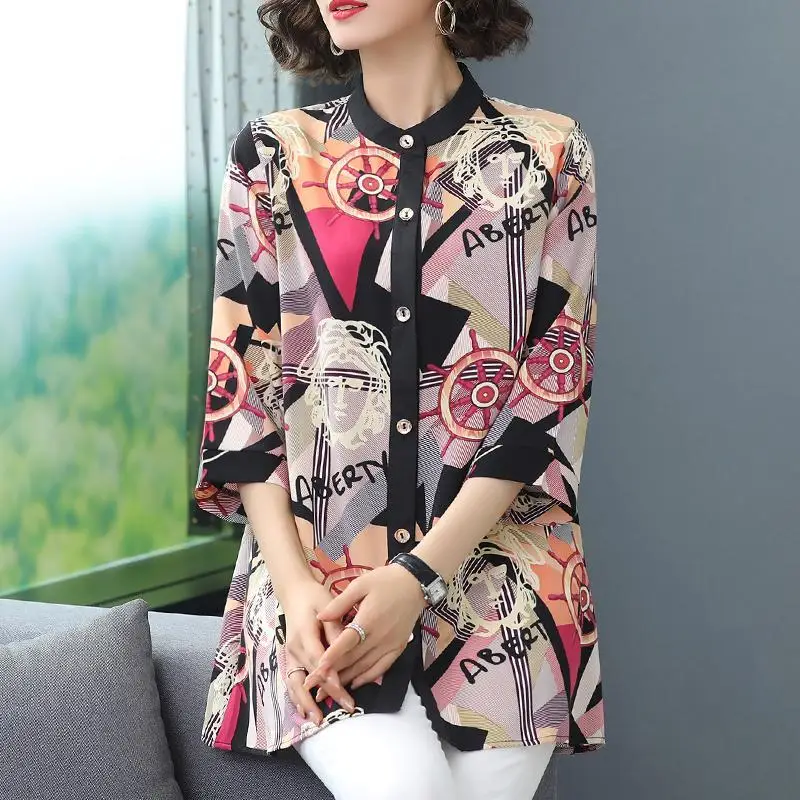 

Elegant Casual Single-breasted Printed T-shirt Women's Clothing Fashion Summer Vintage Commute 3/4 Sleeve Crew Neck Loose Tops