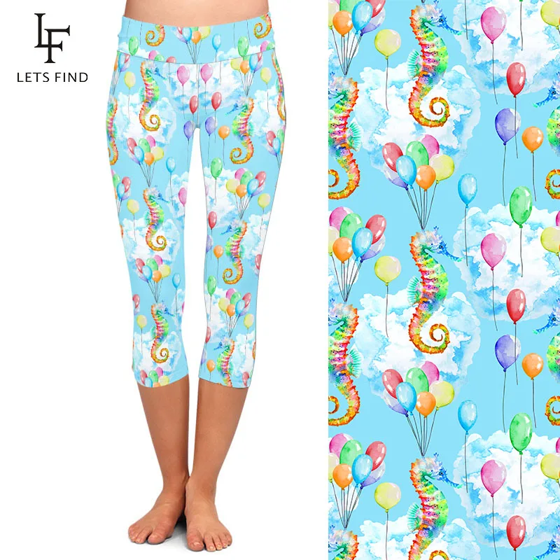 LETSFIND Fashion Colorful Seahorse and Balloons Print Women Capri Leggings High Waist Soft Slim Elastic Leggings