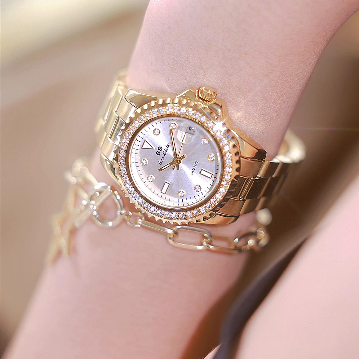 Diamond Womens Watches Gold Stainless Steel Clock Luxury Fashion Casual Calendar Quartz Watch For Women Ladies Wristwatches Gift
