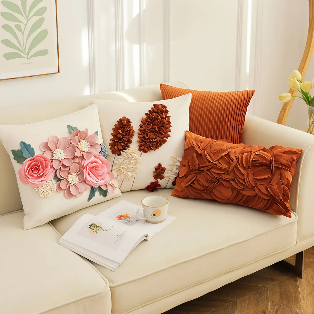 

Flowers Pillow Cover Cushion Cover 45X45 Nordic Broken Leaf Stripe Warm Color Living Room Bedroom Sofa Decoration Pillowcase