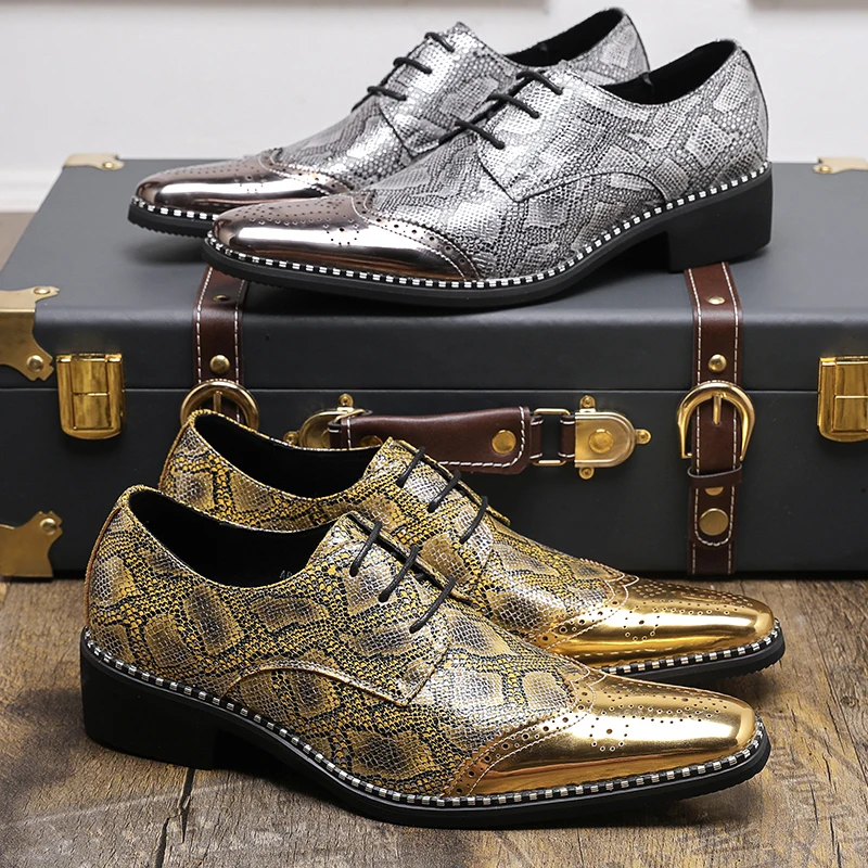 Men Fashion Block Shoes Silver Gold Luxury Gold Lace Leather Shoes Personalized Pointed Business Dress Size 38-46