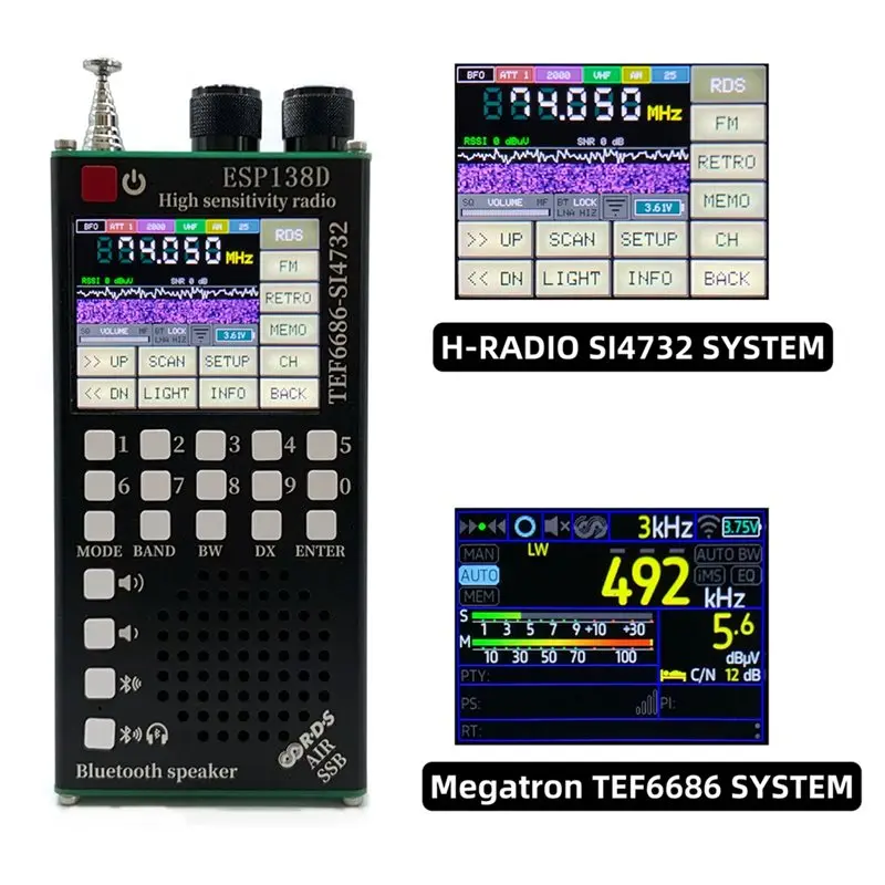 새로운 ESP138D H-RADIO SI4732 풀밴드 FM AM SSB 항공밴드 수신기 + TEF6686 FM 수신기 2 in 1 라디오 (블루투스 기능 포함)