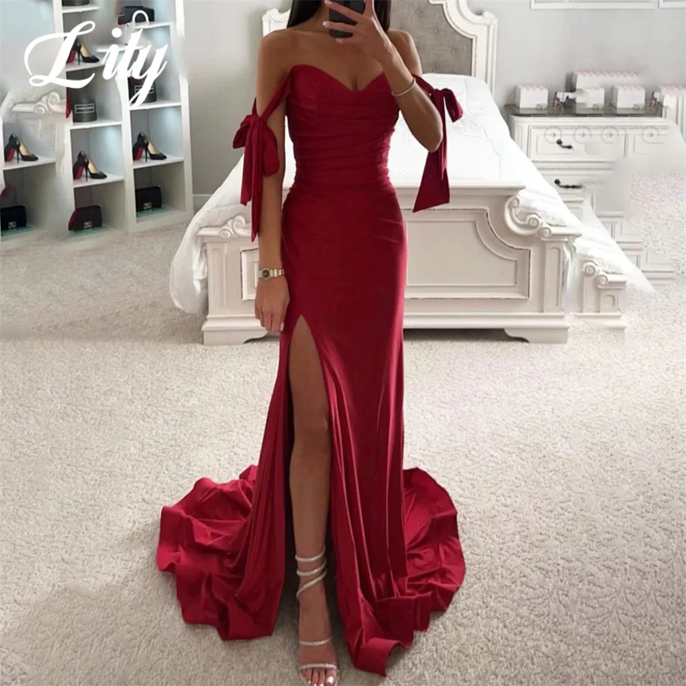 

Lily Sexy Red Wedding Party Dress Off The Shoulder Stain Sweetheart Celebrity Dress Pleat Occasion Prom Dress with Split 프롬드레스