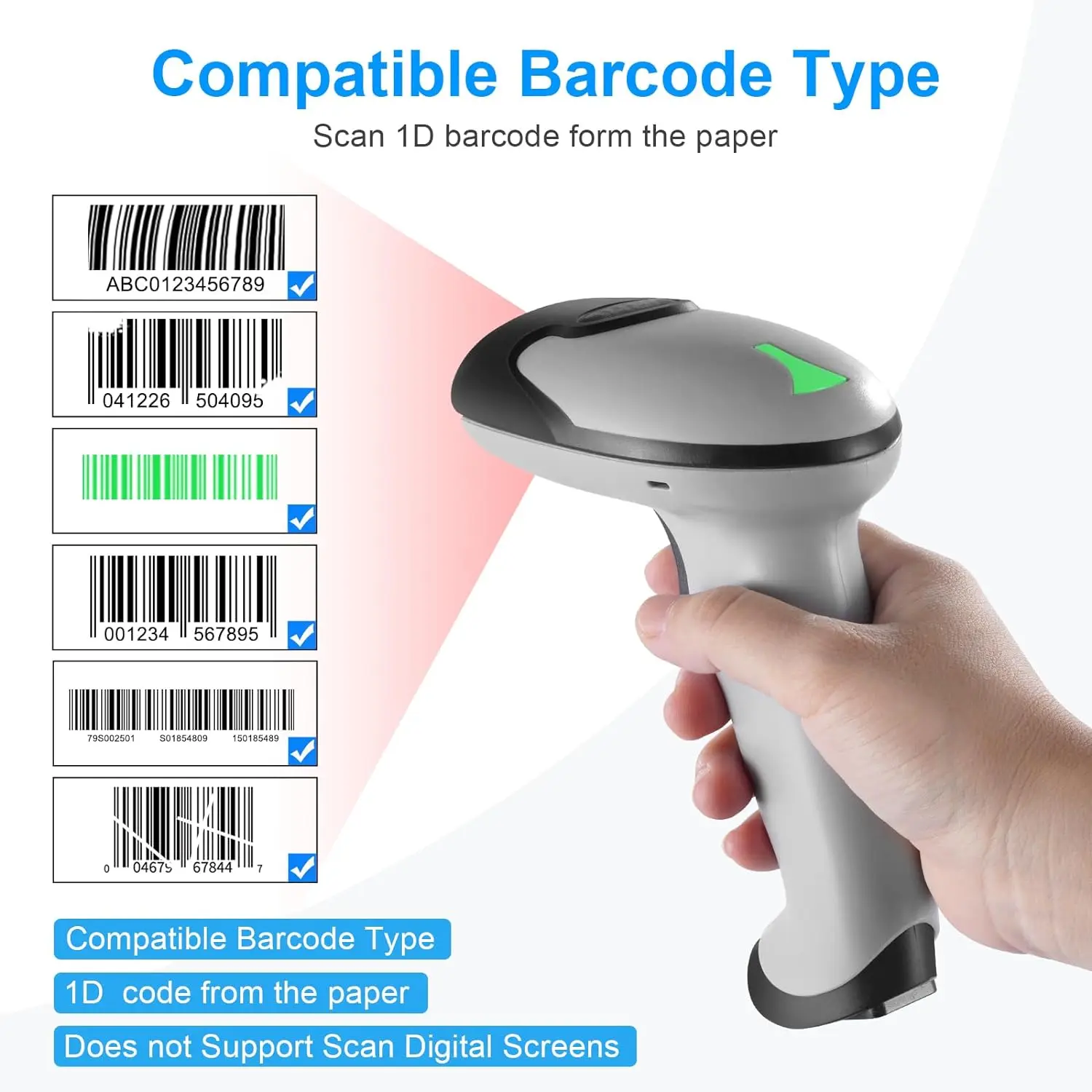 JRHC Wireless Barcode Scanner 1D Laser Handheld Bar Code Reader with ...