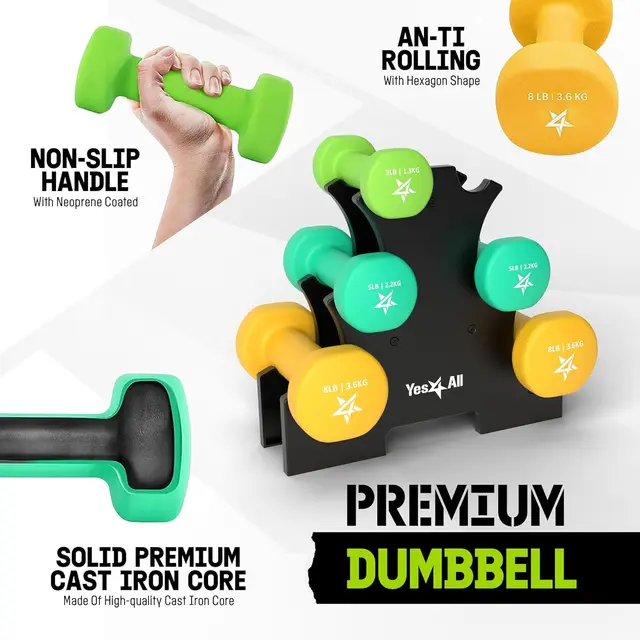 Coated Dumbbell Hand Weight Sets Multiple Weight Options with Rack Anti roll Anti Slip Hexagon Shape 3-5-8lb