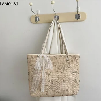 Borsa a Tracolla in Paglia Intrecciata con Ricamo Floreale e Dettaglio Fiocco in Pizzo, Perfetta per il Pendolarismo Quotidiano, Gite in Spiaggia e Shopping【SMQ】