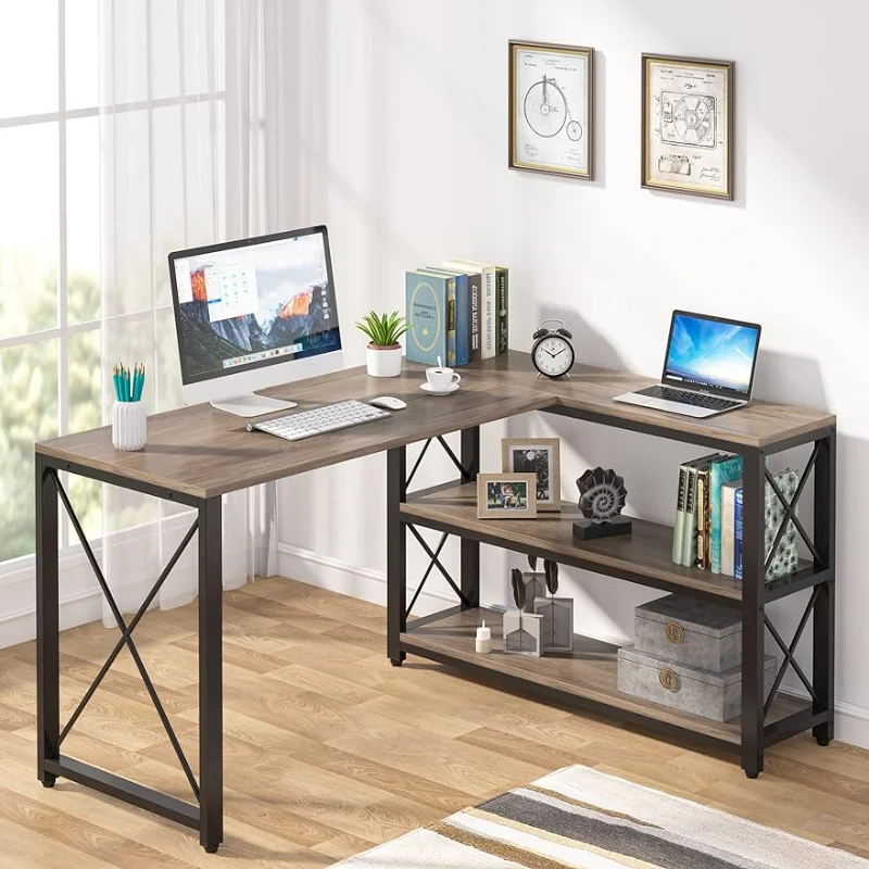 

Tribesigns Reversible Industrial L-Shaped Desk with Storage Shelves, Corner Computer Desk PC Laptop Study Table Workstation