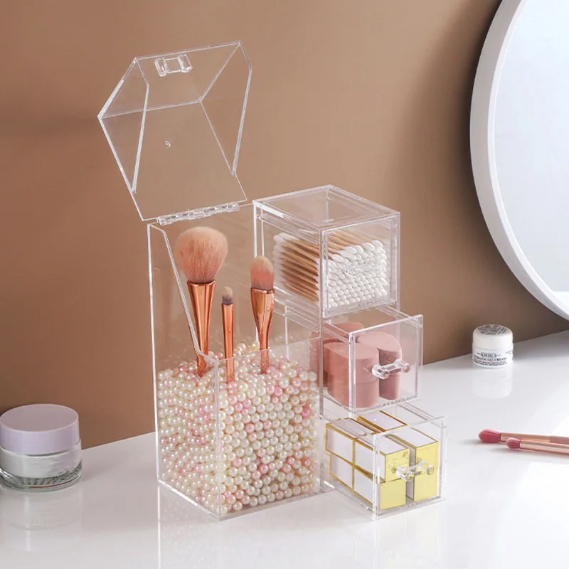 Clear Makeup Brush Organizer, Storage Rack with Drawers, Storage Box with Lid and Pearls for Storing Makeup Tools and Jewelry