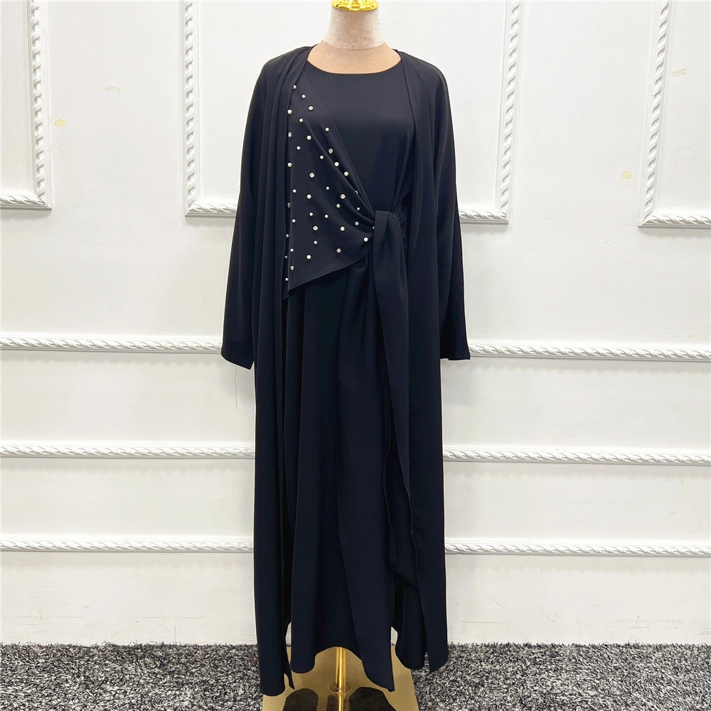 2Pcs Dubai Open Abaya Dress Set Muslim Modest Kimono Cardigan Pearl Robe Kaftan Women Islamic Clothing Femme Ensembles Musulmans