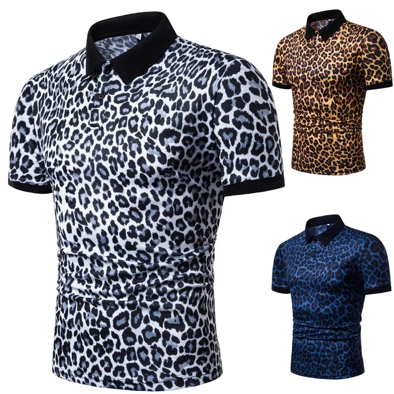 1pc Men's Fashion Leopard Print Short Sleeve Breathable Lapel T-shirt