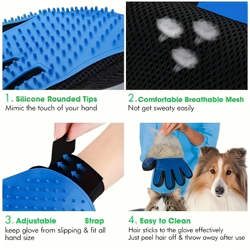 Pet Deshedding Grooming Gloves Silicone Five-Finger Massage Nodes Waterproof for Dog Cat All Hair Home Bath - Blue Palm Design